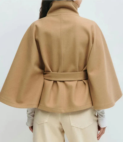 Women's Belted Funnel Neck Cape Coat — Black
