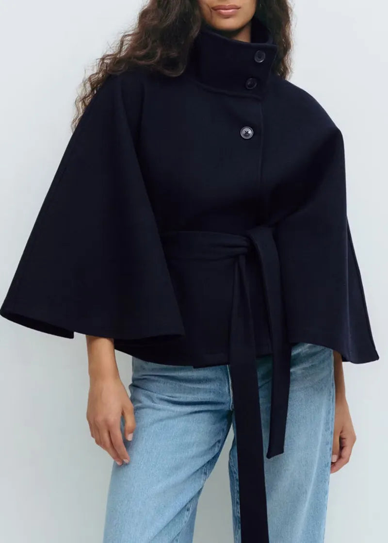 Women's Belted Funnel Neck Cape Coat — Black