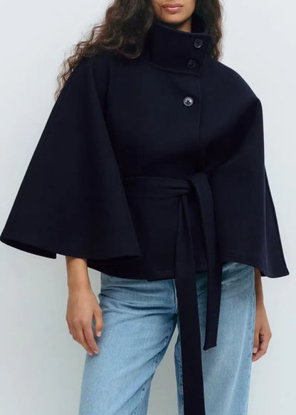 Women's Belted Funnel Neck Cape Coat — Black