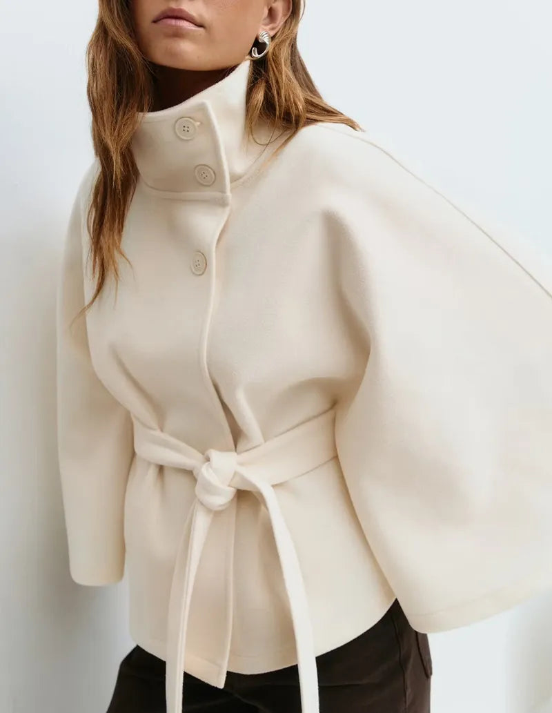 Women's Belted Funnel Neck Cape Coat — Black