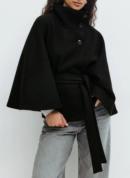 Women's Belted Funnel Neck Cape Coat — Black