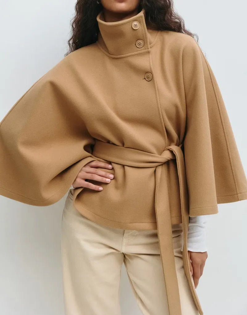 Women's Belted Funnel Neck Cape Coat — Black