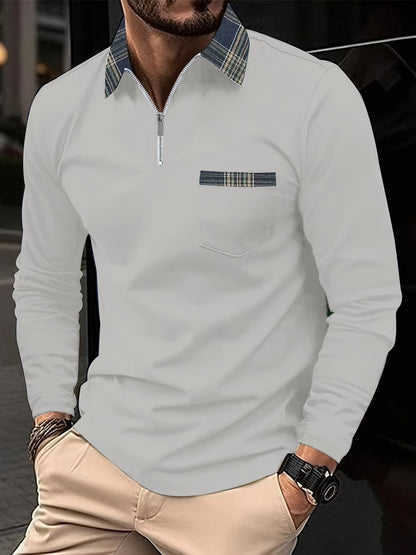 Frank Men's Long Sleeve Polo – Zip Collar with Checkered Pattern