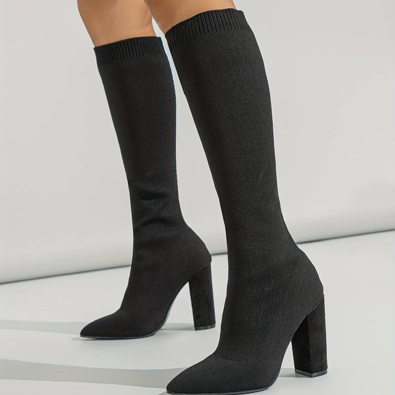 Women's Sock Style Block Heel Ankle Boots — Black