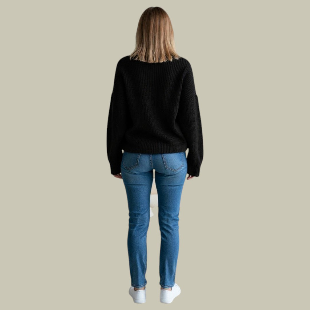 Women's Thick Knit Ribbed Neck Sweater — Black