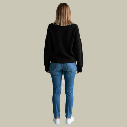 Women's Thick Knit Ribbed Neck Sweater — Black