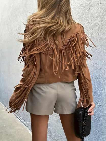 Women's Suede Western Fringe Cropped Jacket — Brown