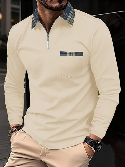 Frank Men's Long Sleeve Polo – Zip Collar with Checkered Pattern