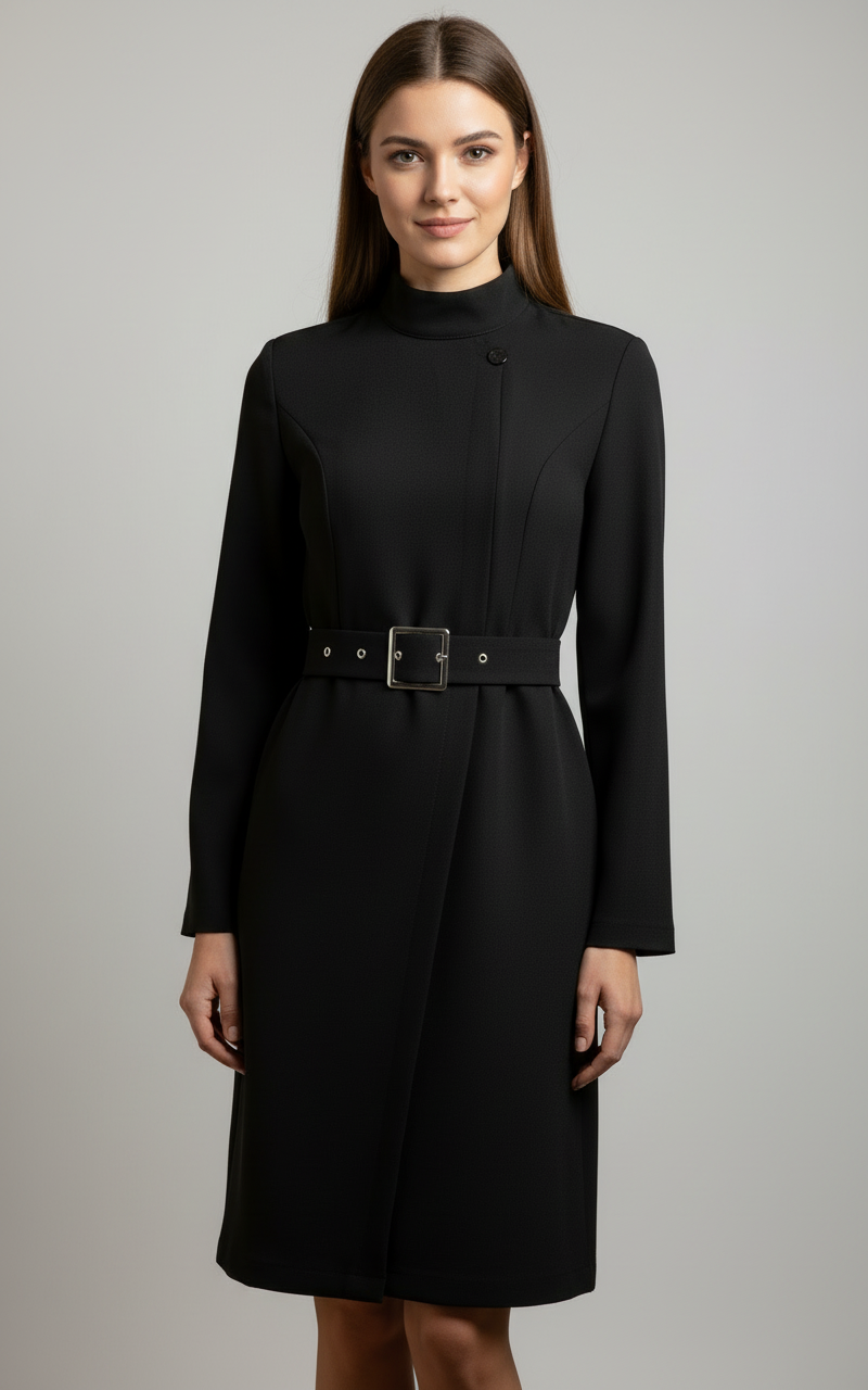 Women's Belted Coat Style Midi Dress — Black