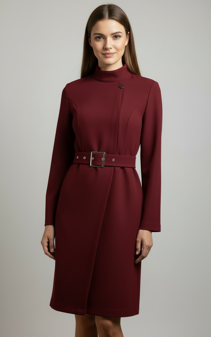 Women's Belted Coat Style Midi Dress — Black