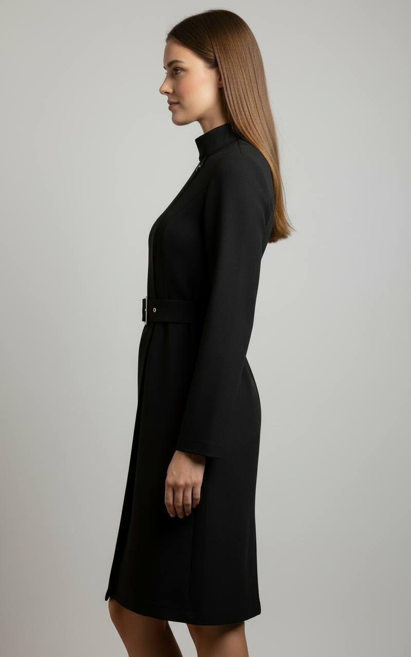 Women's Belted Coat Style Midi Dress — Black