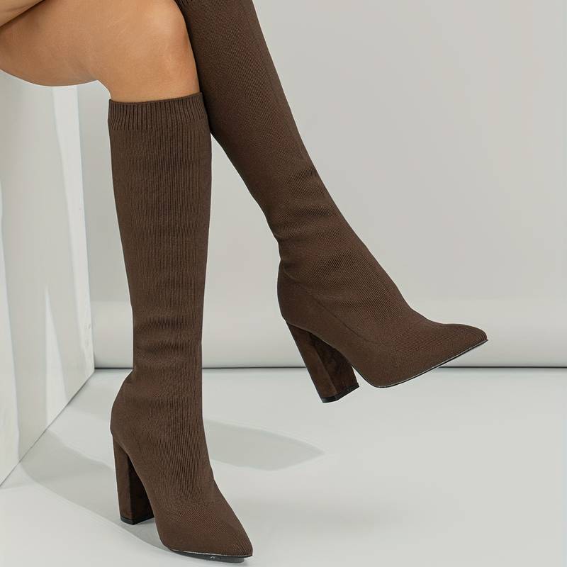 Women's Sock Style Block Heel Ankle Boots — Red