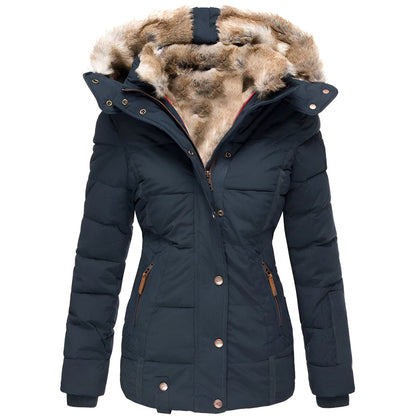 Women's Quilted Coat with Faux Fur Hood — Black