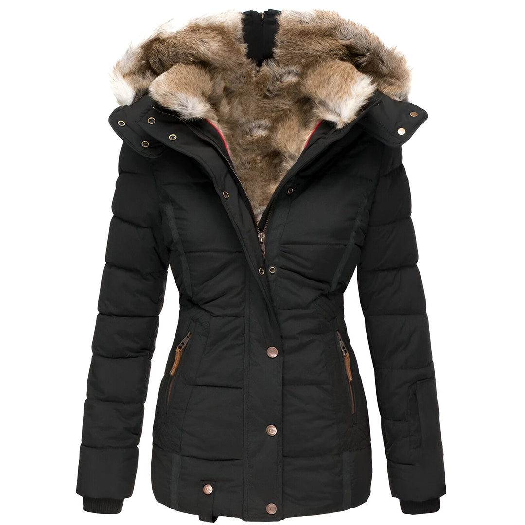 Women's Quilted Coat with Faux Fur Hood — Black