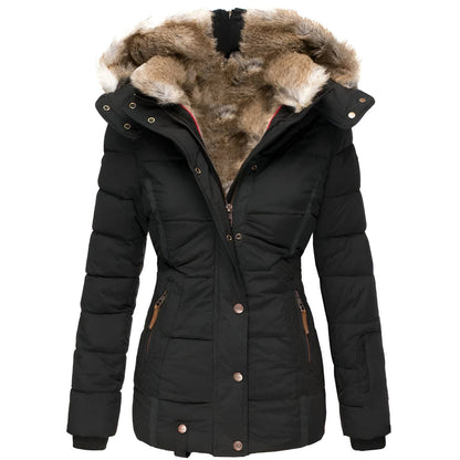 Women's Quilted Coat with Faux Fur Hood — Black