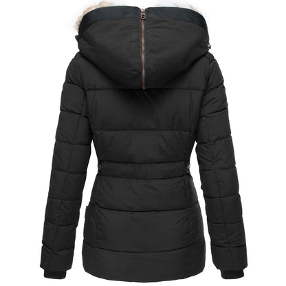 Women's Quilted Coat with Faux Fur Hood — Black