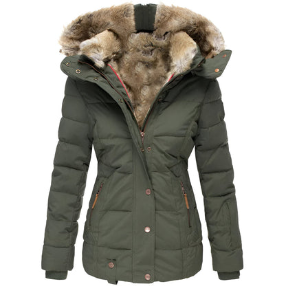Women's Quilted Coat with Faux Fur Hood — Black