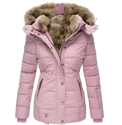 Women's Quilted Coat with Faux Fur Hood — Black