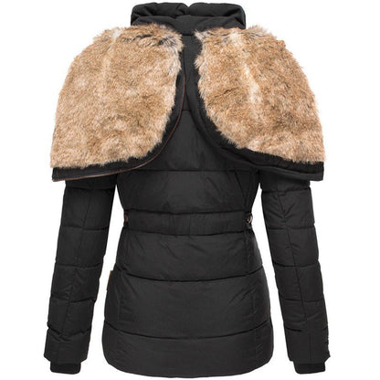 Women's Quilted Coat with Faux Fur Hood — Black