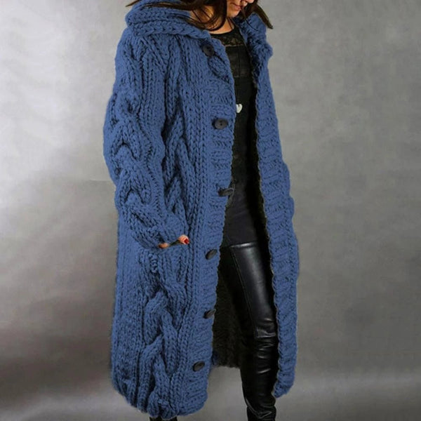 Women's Chunky Knit Longline Hooded Cardigan — Blue