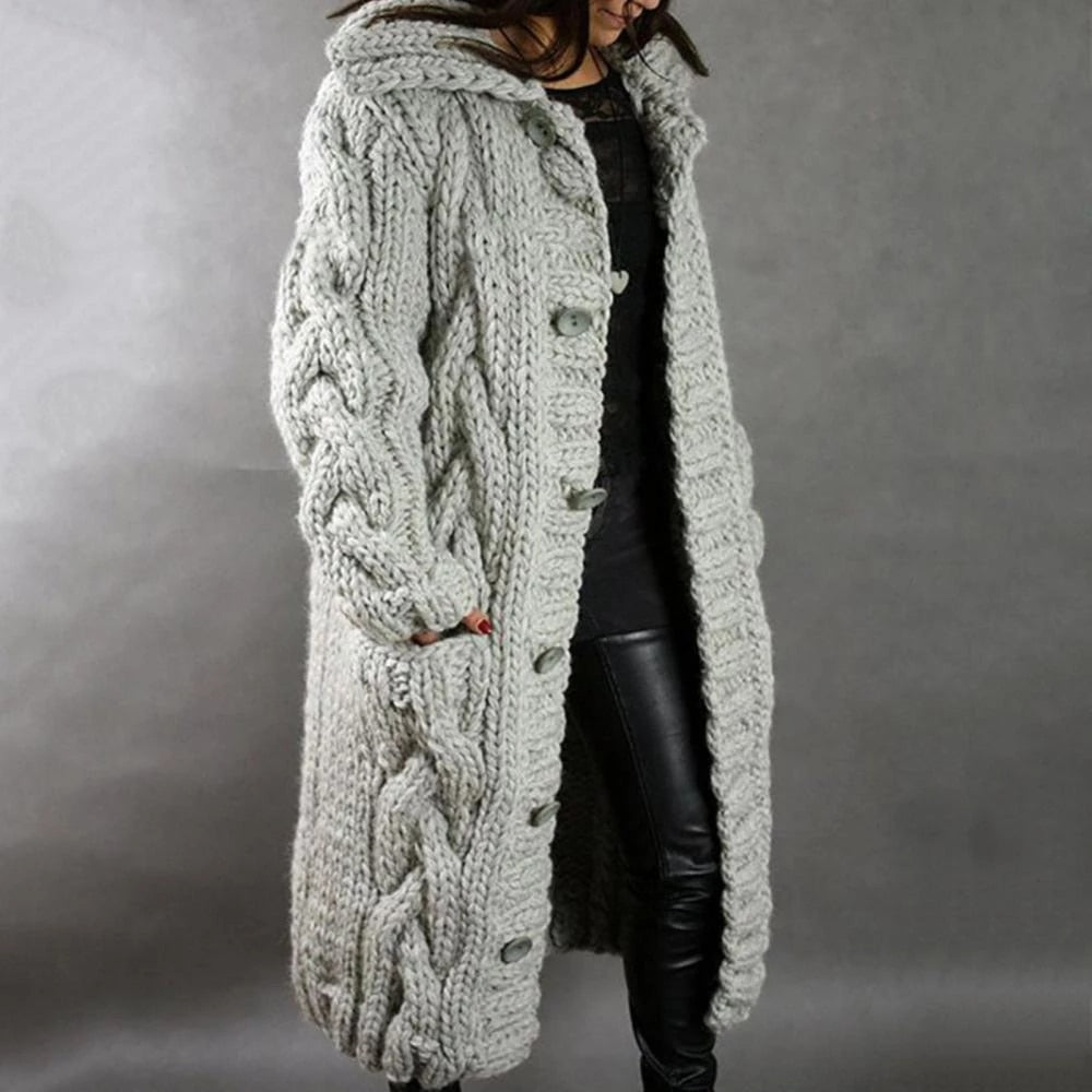Women's Chunky Knit Longline Hooded Cardigan — Blue