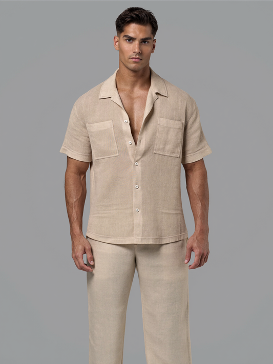 Beige linen camp collar shirt