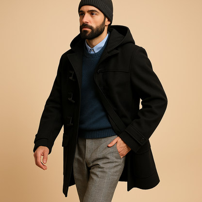 Seth Men's Long Coat – Elegant Extended Cut with Front Closure and Side Pockets