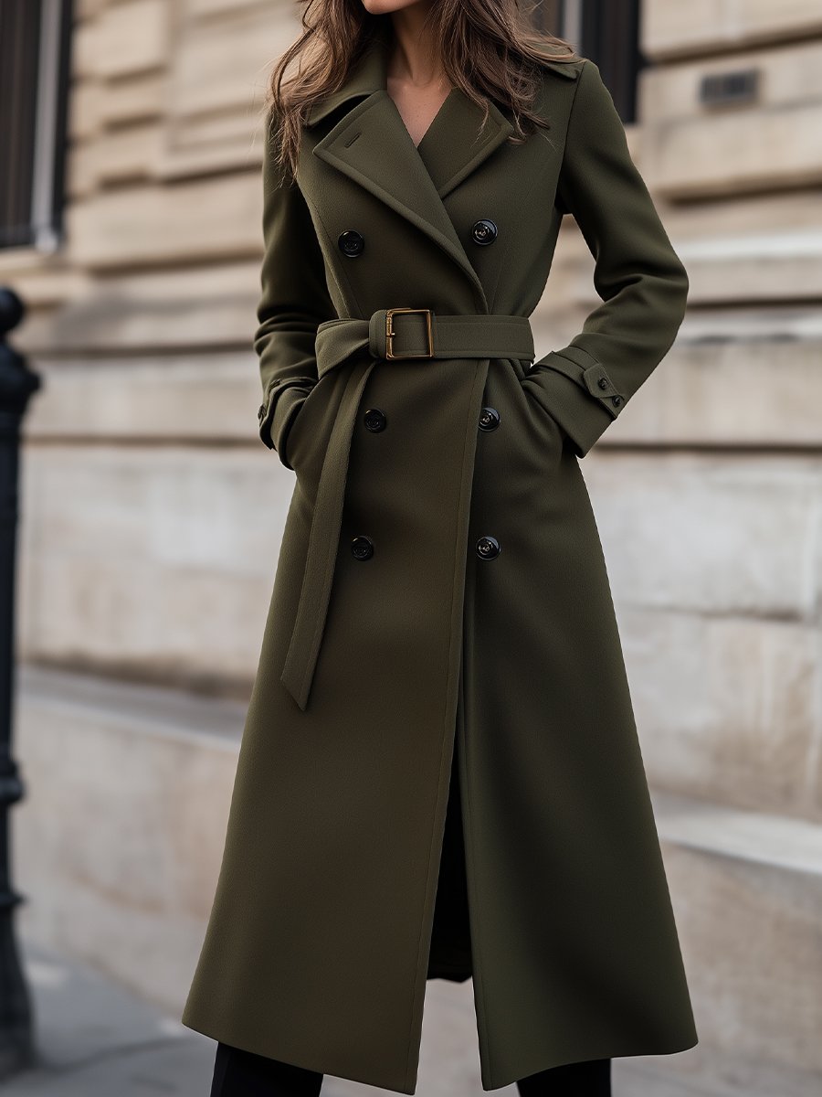 Women's Belted Longline Winter Trench Coat — Olive Green