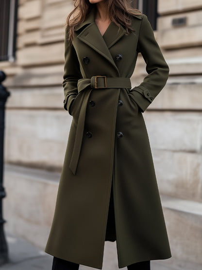 Women's Belted Longline Winter Trench Coat — Olive Green