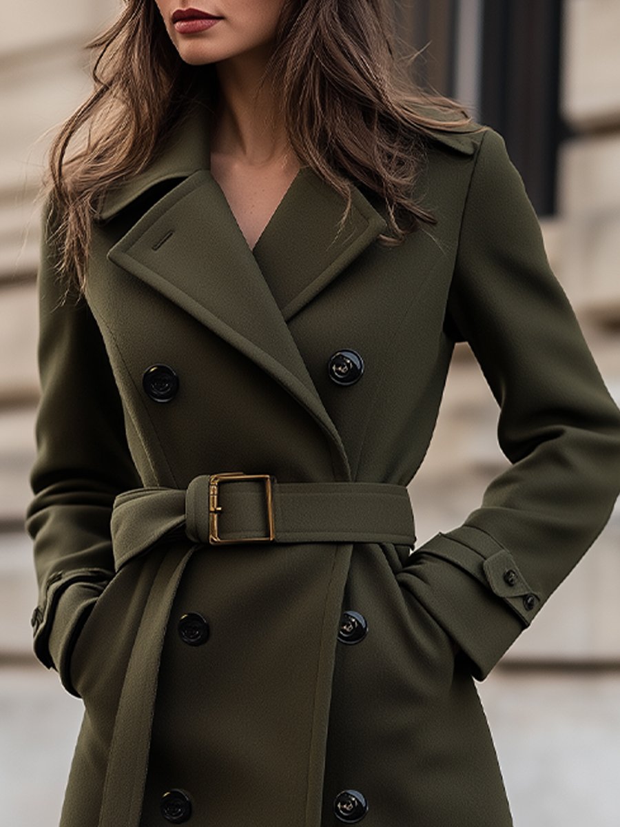 Women's Belted Longline Winter Trench Coat — Olive Green