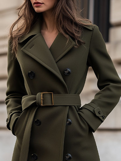 Women's Belted Longline Winter Trench Coat — Olive Green