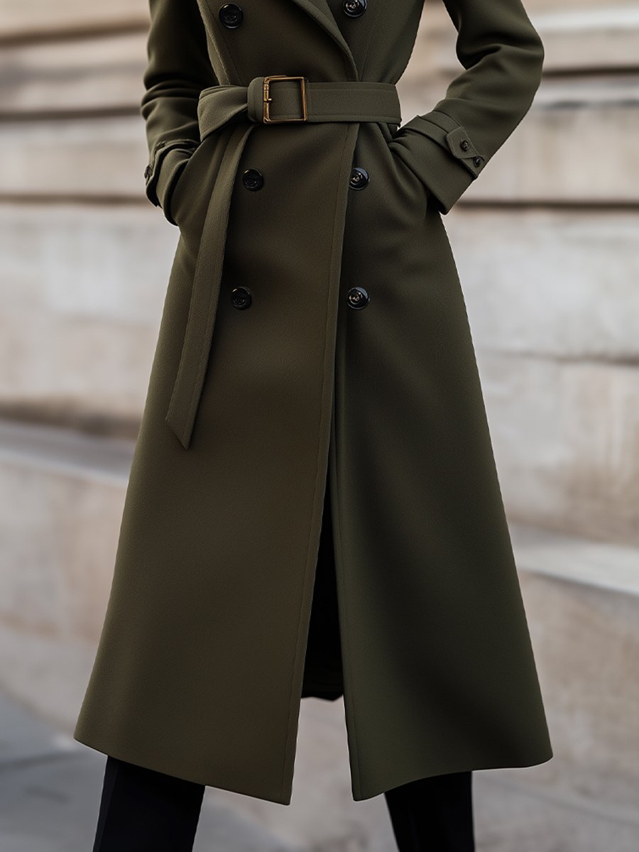Women's Belted Longline Winter Trench Coat — Olive Green