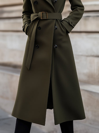 Women's Belted Longline Winter Trench Coat — Olive Green