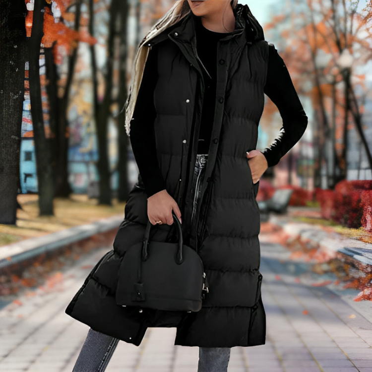 Women's Longline Quilted Puffer Gilet — Black