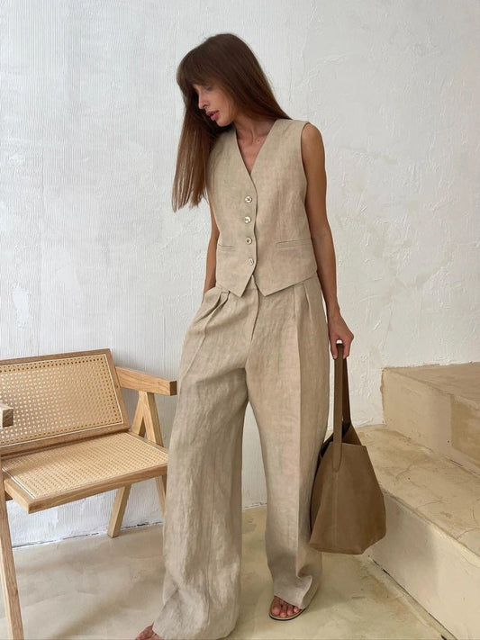 Freya Women's Linen Vest and Wide Leg Trouser Set