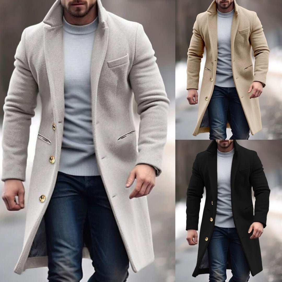 Robert Men's Long Winter Coat – Elegant Fitted Cut with Buttons and Practical Pockets