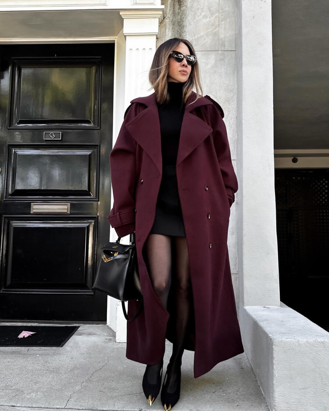 Women's Wool Longline Trench Coat — Bordeaux Red