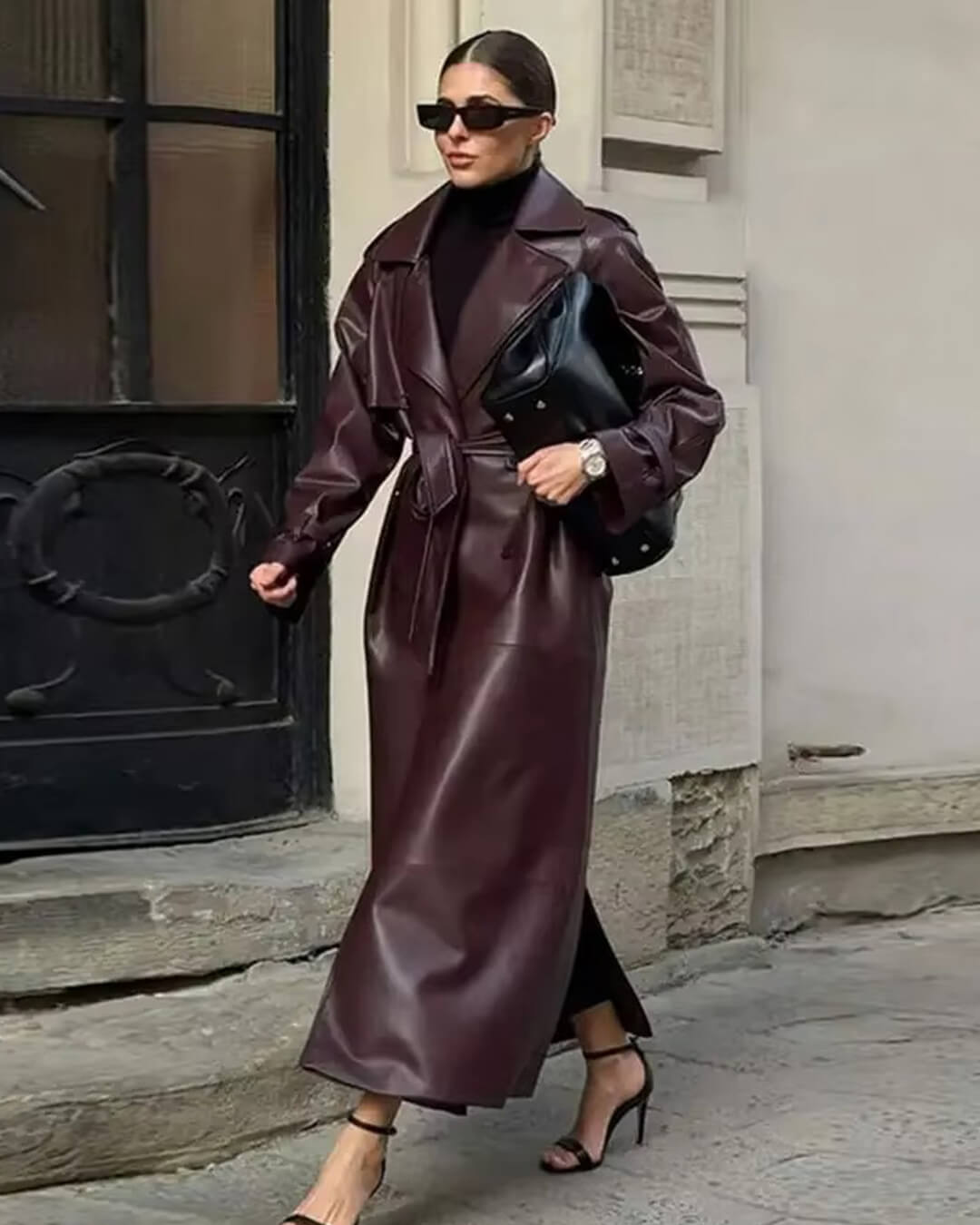 Women's Leather Maxi Trench Coat — Brown