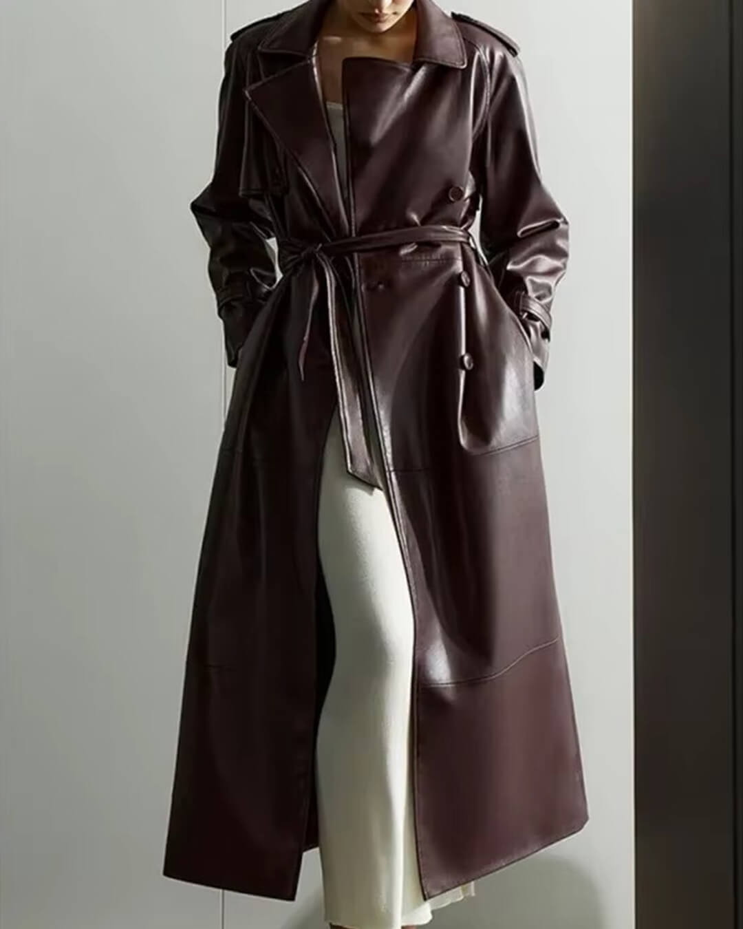 Women's Leather Maxi Trench Coat — Brown