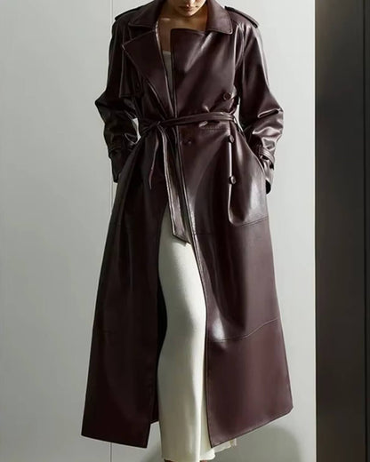 Women's Leather Maxi Trench Coat — Brown