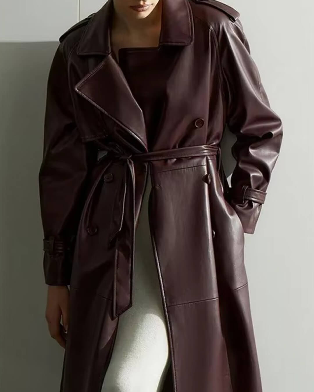 Women's Leather Maxi Trench Coat — Brown
