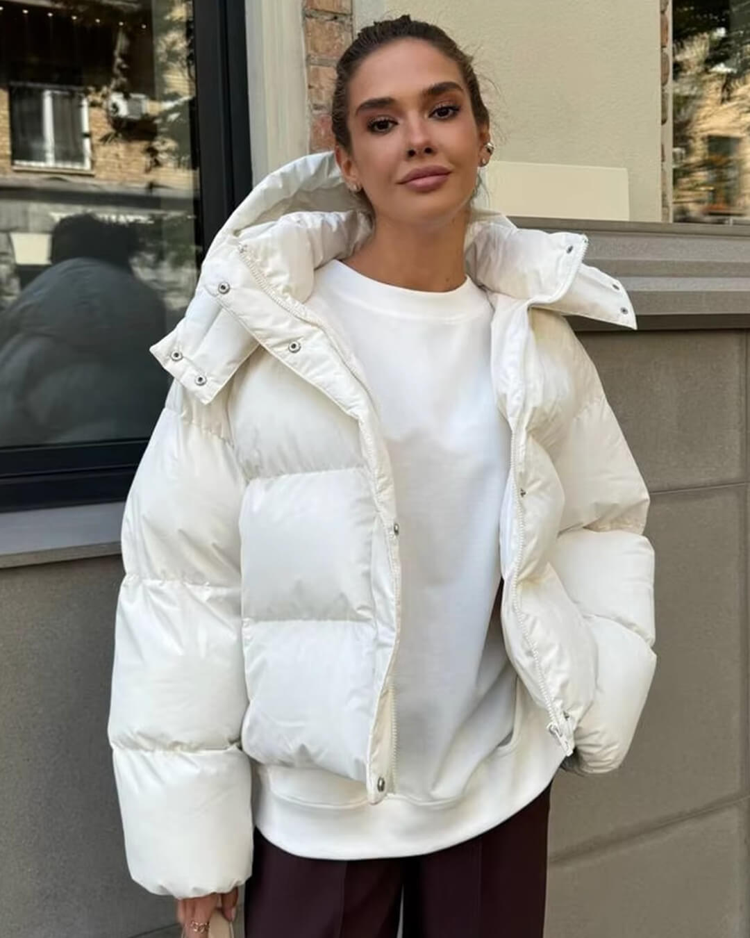 Women's Quilted Puffer Coat with Faux Fur Hood — Black