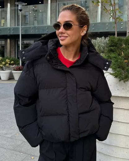 Women's Quilted Puffer Coat with Faux Fur Hood — Brown