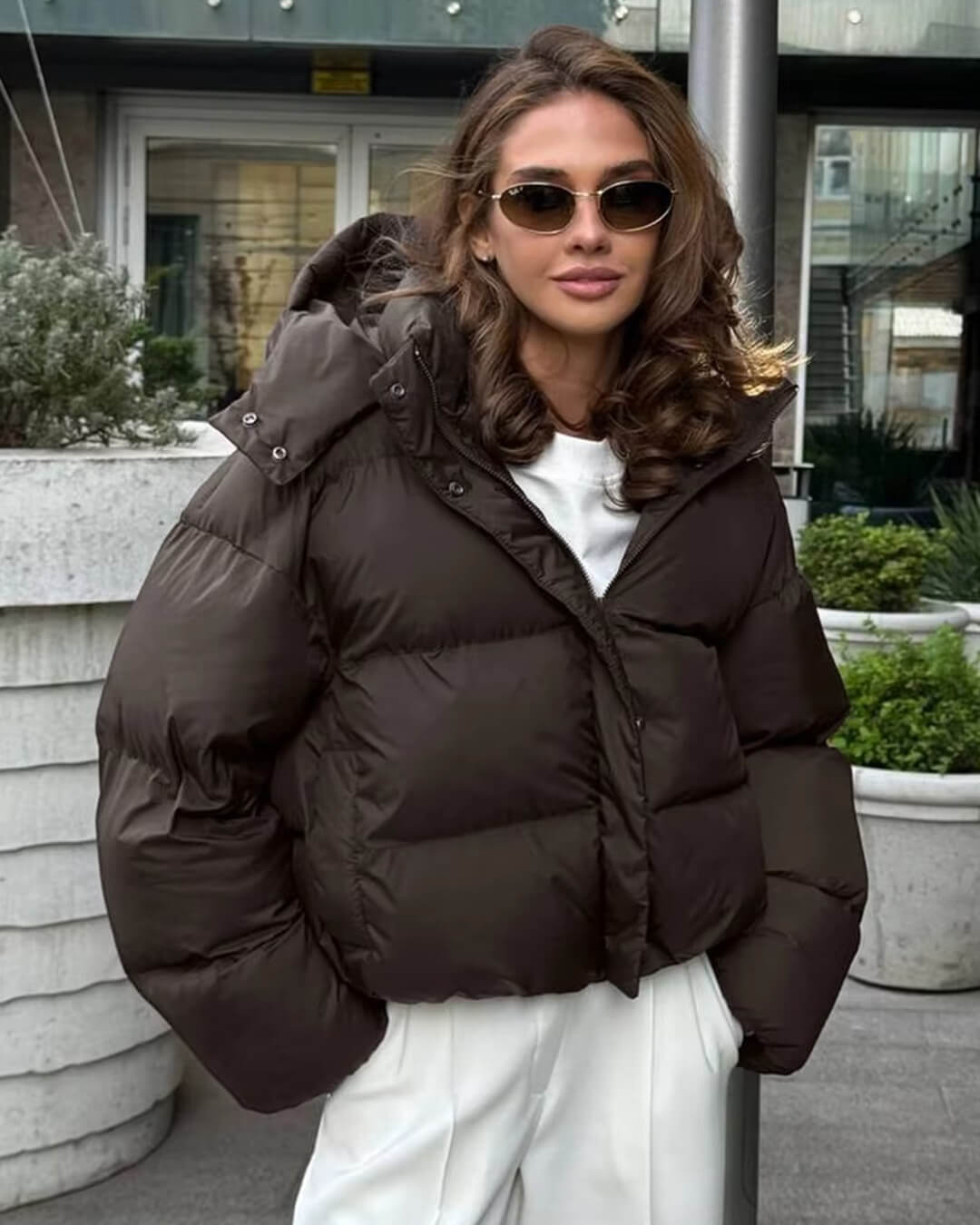 Women's Quilted Puffer Coat with Faux Fur Hood — Brown