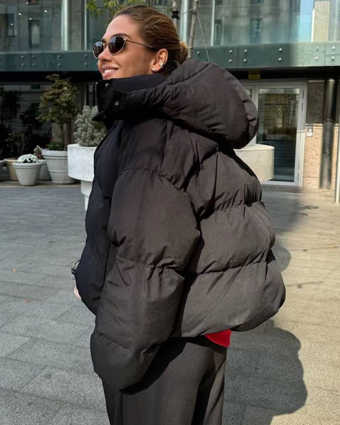 Women's Quilted Puffer Coat with Faux Fur Hood — Brown