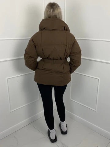 Women's Belted Winter Puffer Coat — Brown