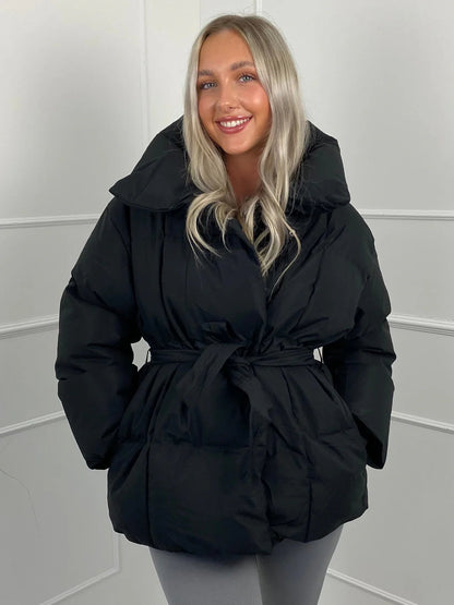 Women's Belted Winter Puffer Coat — Black