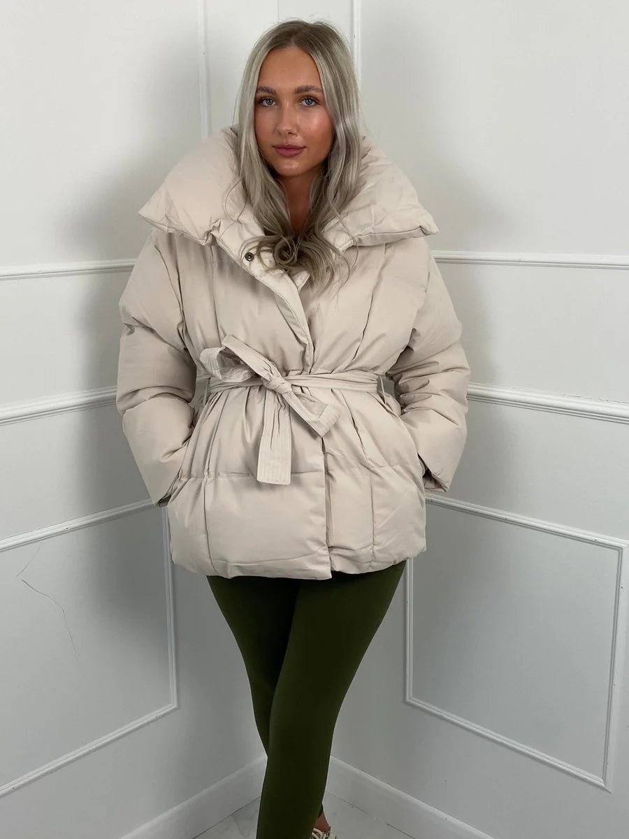 Women's Belted Winter Puffer Coat — Eggshell