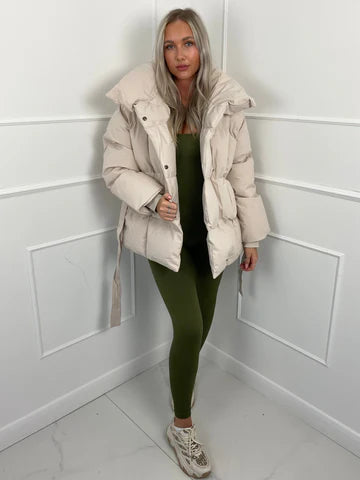 Women's Belted Winter Puffer Coat — Eggshell