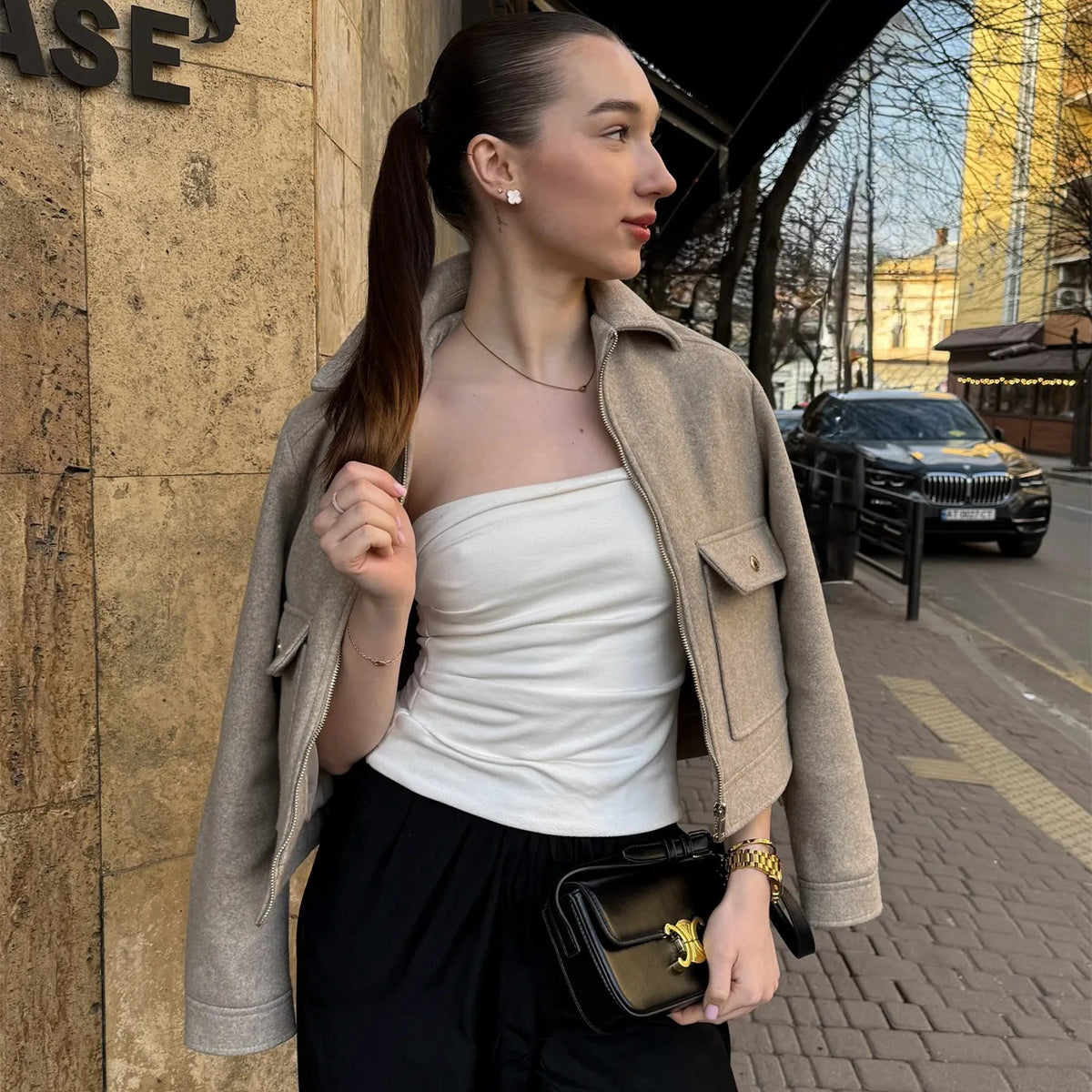 Women's Cropped Zip Bomber Jacket — Khaki